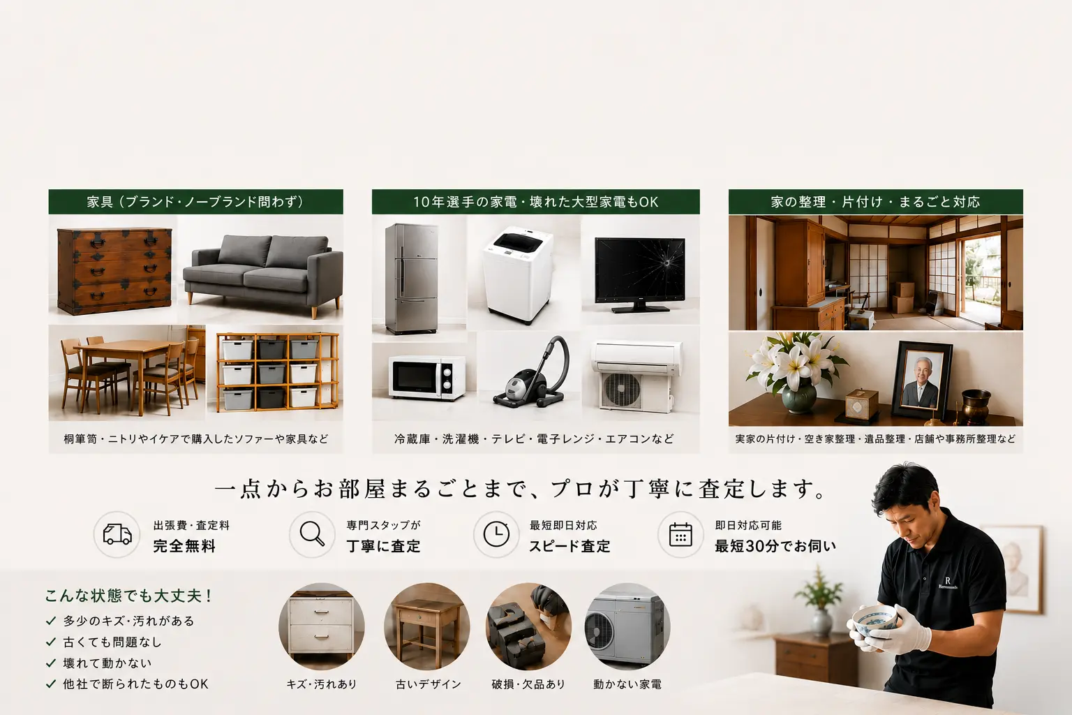不要になった子供用品、ブランド家具・一般家具、10年以上使用した家電や壊れた大型家電、一点からお部屋まるごとの不用品整理まで対応するリサイクルフレンドの出張買取サービス